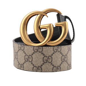 GUCCI 霧金雙G Logo 防水皮革拼牛皮皮帶 90cm/米色/黑色