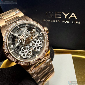 [星晴錶業]GEYA手錶,44mm,G78176GHK雙面機械鏤空錶面金色錶殼金色精鋼錶帶款