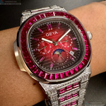 [星晴錶業]GEYA手錶,42mm,G78152GRR紅色錶面銀錶殼銀色精鋼錶帶款, , large
