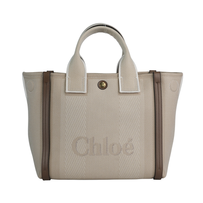 CHLOE' Carry 刺繡標誌帆布小款手提/斜背二用托特包/米色