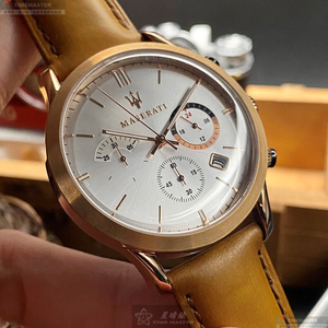 [星晴錶業]MASERATI手錶,44mm,R8871633002白色錶面玫瑰金錶殼咖啡色真皮皮革錶帶款