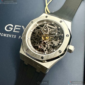 [星晴錶業]GEYA手錶,42mm,G78036GWKW雙面機械鏤空錶面銀錶殼深黑色真皮皮革錶帶款