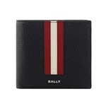 BALLY Ribbon 紅白條紋牛皮對開8卡短夾(黑色), , large