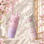 【虎米Hoomey】櫻花吸管杯 316不鏽鋼 咖啡杯 保溫杯 隨身杯 550ML(附櫻花吊飾+手提繩+杯套), , large