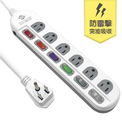 [寶旺旺]威電 3孔6開6座 防雷擊突波延長線 6尺/9尺/15尺/21尺 CK-3661