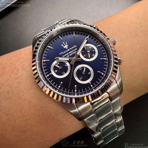 [星晴錶業]MASERATI手錶,44mm,R8853100022寶藍色錶面銀錶殼銀色精鋼錶帶款