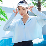 Ice Silk Cooling Cropped Hooded Jacket &ndash; Breathable, Quick-Drying, Sun Protection with Face Cover, Thumbhole Sleeves, UV-Resistant, Windproof, Anti-UV Sun Shielding, , large