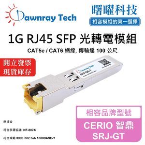 【曙曜】CERIO 智鼎 SRJ-GT 相容 銅纜模組 光轉電 RJ45模組 mini-GBIC 1G CAT5e/CAT6 RJ45 100 公尺 熱插拔 3.3V 單電壓