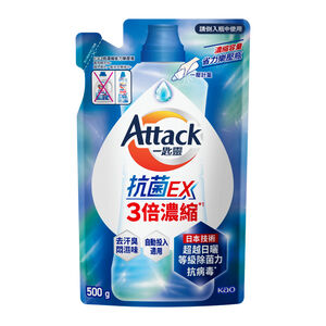 一匙靈Attack抗菌EX3倍濃縮科技潔淨洗衣精補充包-500g