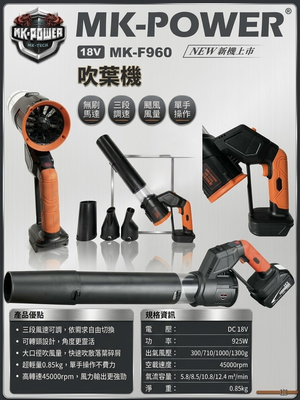 WIN五金 MK-POWER 18V MK-F960 無刷吹葉機 吹塵機 吹風機 送風機 吹落葉機 單主機 也可以配電池