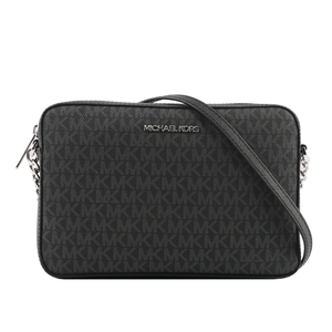 Michael Kors 銀字滿版LOGO拚色方形鏈帶斜背包/黑色