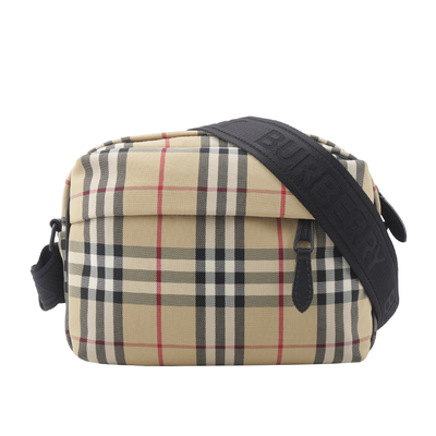 BURBERRY Paddy 格紋尼龍帆布拉鍊斜背包/經典米色