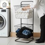 【Roomix】MIT台灣製 雙層斜口髒衣籃 奶油風洗衣籃 推車 收納籃 鐵製收納架 置物架 浴室收納 髒衣 污衣分類, , large