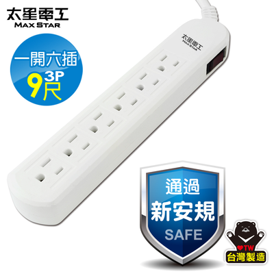 【太星電工】電腦線 一開六插延長線/3P 15A 9尺(美插頭)