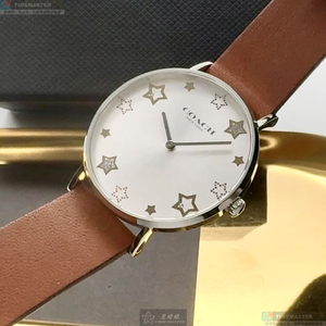 [星晴錶業]COACH手錶,36mm,CH00284銀白色錶面銀錶殼咖啡色真皮皮革錶帶款