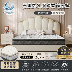 預購【Moonulune 柔月家居】雲境石墨烯乳膠護框獨立筒床墊標準雙人5尺x6.2尺高度26公分