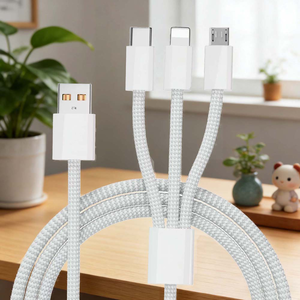 【山水之寶】三合一快充線 一拖三尼龍編織充電傳輸線 200cm Type-C/Lightning/Micro 充電線材 蘋果安卓適用