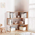 [Lele] L-shaped corner minimalist and practical bookshelf, two-tone natural wood + white, 3 shelves, 90x60 cm (solid wood bookshelf, shelf, storage rack), , large