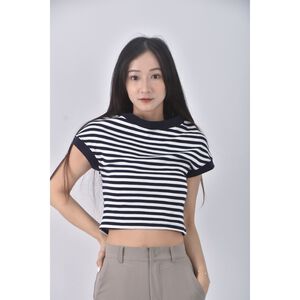 (S) topdressing韓牌質感修身短版條紋藍色短袖上衣二手衣