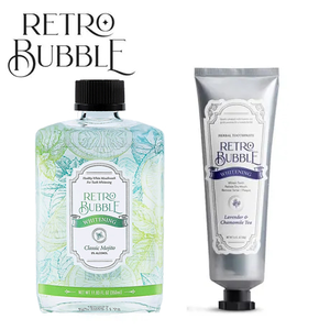 【任e購】RETRO BUBBLE-淨化亮白草本精品牙膏&ndash;晚安舒緩茶口味 100g + 乳鐵亮白草本精品漱口水-經典Mojito 350ml