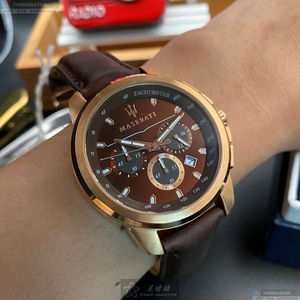 [星晴錶業]MASERATI手錶,44mm,R8871621004古銅色錶面玫瑰金錶殼咖啡色真皮皮革錶帶款