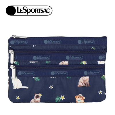 Lesportsac 3-Zip Cosmetic 三層拉鍊化妝包 收納包 盥洗包 女包 男包(熱帶度假貓咪)