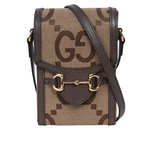 GUCCI Horsebit 1955 Jumbo GG 標誌緹花手機斜背包/棕色, , large