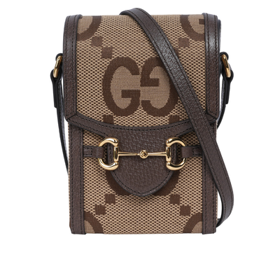GUCCI Horsebit 1955 Jumbo GG 標誌緹花手機斜背包/棕色