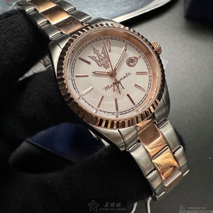 [星晴錶業]MASERATI手錶,30mm,R8853100504白色錶面玫瑰金錶殼金銀相間精鋼錶帶款