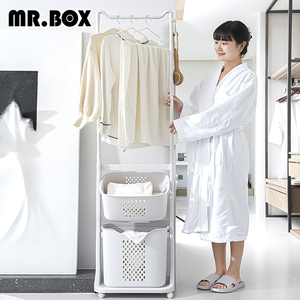 【Mr.Box】北歐風洗衣籃雙層推車單桿衣架/附滑輪