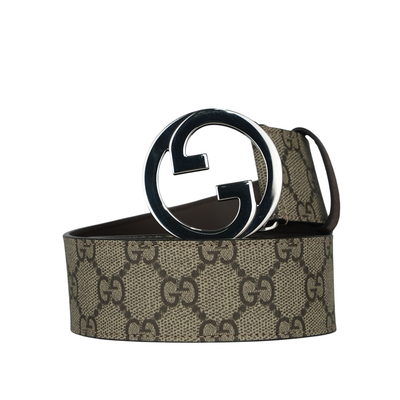 GUCCI Blondie GG 銀色標誌塗層帆布及皮革寬4cm皮帶 85cm/棕色