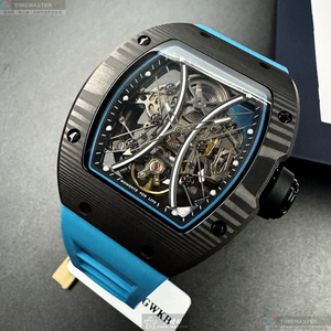 [星晴錶業]GEYA手錶,46mm, 52mm,G78208GWKB雙面機械鏤空錶面黑錶殼寶藍矽膠錶帶款
