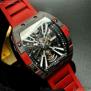 [星晴錶業]GEYA手錶,46mm, 52mm,G78132GWKR雙面機械鏤空錶面黑錶殼紅色矽膠錶帶款