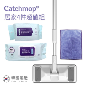 【THE LOEL】Catchmop 輕巧平板拖把居家4件超值組( 1桿+1拖把布+1靜電除塵紙30張+1消毒濕紙巾30張 ) / 輕鬆吸附灰塵、毛髮 、寵物毛髮等 / 適用任何地板