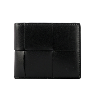 BOTTEGA VENETA 新款小牛皮大格編織對開6卡短夾/黑色