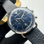 [星晴錶業]ARMANI手錶,42mm,AR00085寶藍色錶面銀錶殼深黑色真皮皮革錶帶款, , large