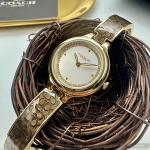 [星晴錶業]COACH手錶,26mm,CH00281銀白錶面金色錶殼C字金咖啡色精鋼錶帶款