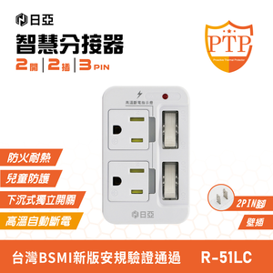 [寶旺旺]日亞 防雷3孔2開2插 分接器(新安規 兒童保護插 PTP高溫斷電指示燈)R-51LC