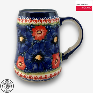【SOLO Vintage】Cerraf Polish Pottery 680ml Beer Mug Red and Blue Blossoming Elegance Series Made in Poland