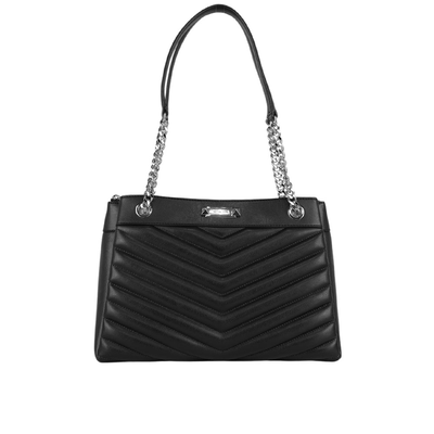 Michael Kors Whitney 銀釦縫線皮革鏈帶中型三層托特包/黑色