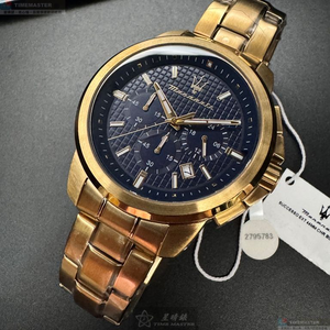 [星晴錶業]MASERATI手錶,44mm,R8873621021寶藍色錶面銀金色錶殼金色精鋼錶帶款
