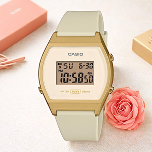 CASIO 卡西歐 運動休閒電子錶-米白x金框 女錶 學生錶 送禮 禮物 推薦(LW-204-9A)