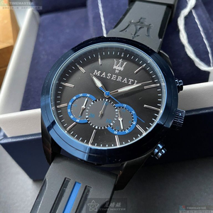 [星晴錶業]MASERATI手錶,46mm,R8871612006黑色錶面寶藍錶殼深黑色矽膠錶帶款