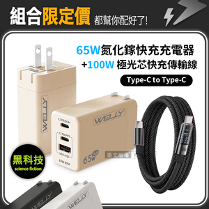 100W 極光芯 Type-C to Type-C 耐拉傳輸充電線+65W氮化鎵GaN 三孔極速充電器
