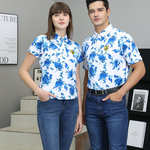 【FALALI】Short-sleeved cooling polo shirt - Women's (blue flower) , , large