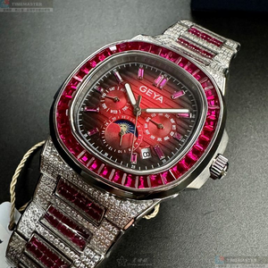 [星晴錶業]GEYA手錶,42mm,G78152GRR紅色錶面銀錶殼銀色精鋼錶帶款