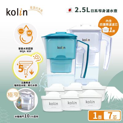 Kolin 歌林 2.5L濾水壺(內含四重濾芯*1)+五重淨垢濾芯6入(共1壺7芯/適用Brita)