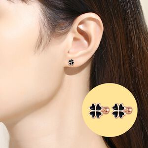 韓版s925純銀玫瑰金心形四葉草款耳環 -附馬卡收納盒