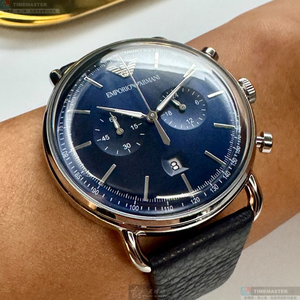 [星晴錶業]ARMANI手錶,42mm,AR00085寶藍色錶面銀錶殼深黑色真皮皮革錶帶款
