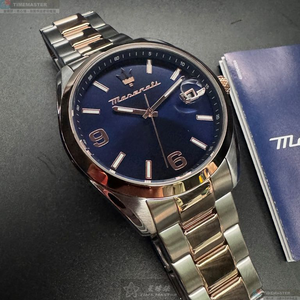 [星晴錶業]MASERATI手錶,42mm,R8853151006寶藍色錶面玫瑰金錶殼金銀相間精鋼錶帶款